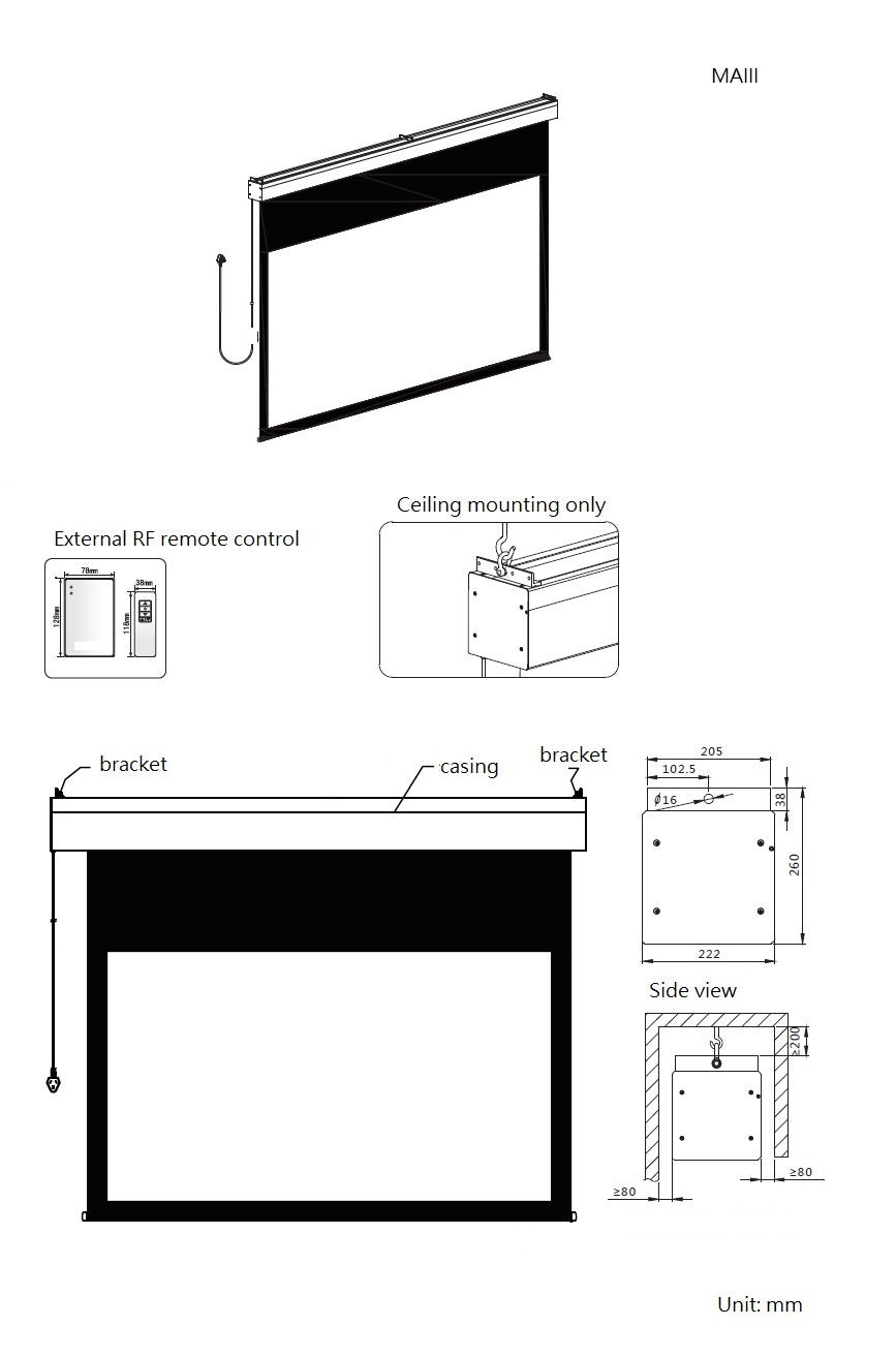 Sapphire 232" Electric Screen Radio 16:10 Format Viewing Area 5070mm x 3125mm (not channel fix) Approx Case Dimensions L 5470mm x H 232mm x D 217mm
