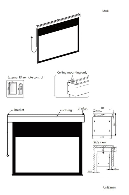 Sapphire 250" Electric Screen Radio Frequency 4:3 Format Viewing Area 5080mm x 3810mm (not channel fix)  Approx Case Dimensions L 5470mm x H 232mm x D 217mm