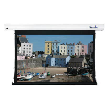 Sapphire 139" Tab Tension Electric Rear Projection Infrared Screen 16:10 Format Viewing Area 3010mm x 1881mm Approx Case Dimensions L 3538mm x H 143mm x D 135mm