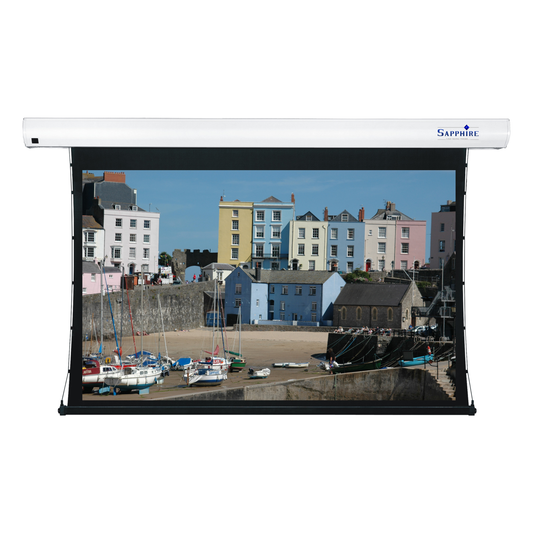 Sapphire 108" Tab Tension Electric Rear Projection Infrared Screen 16:10 Format Viewing Area 2346mm x 1466mm Approx Case Dimensions L 2834mm x H 134mm x D 135mm