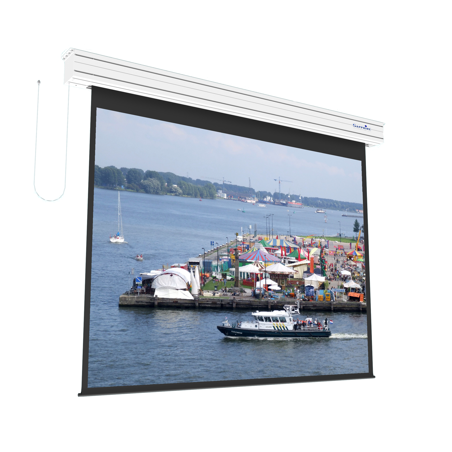 Sapphire 250" Electric Screen Radio Frequency 4:3 Format Viewing Area 5080mm x 3810mm (not channel fix)  Approx Case Dimensions L 5470mm x H 232mm x D 217mm