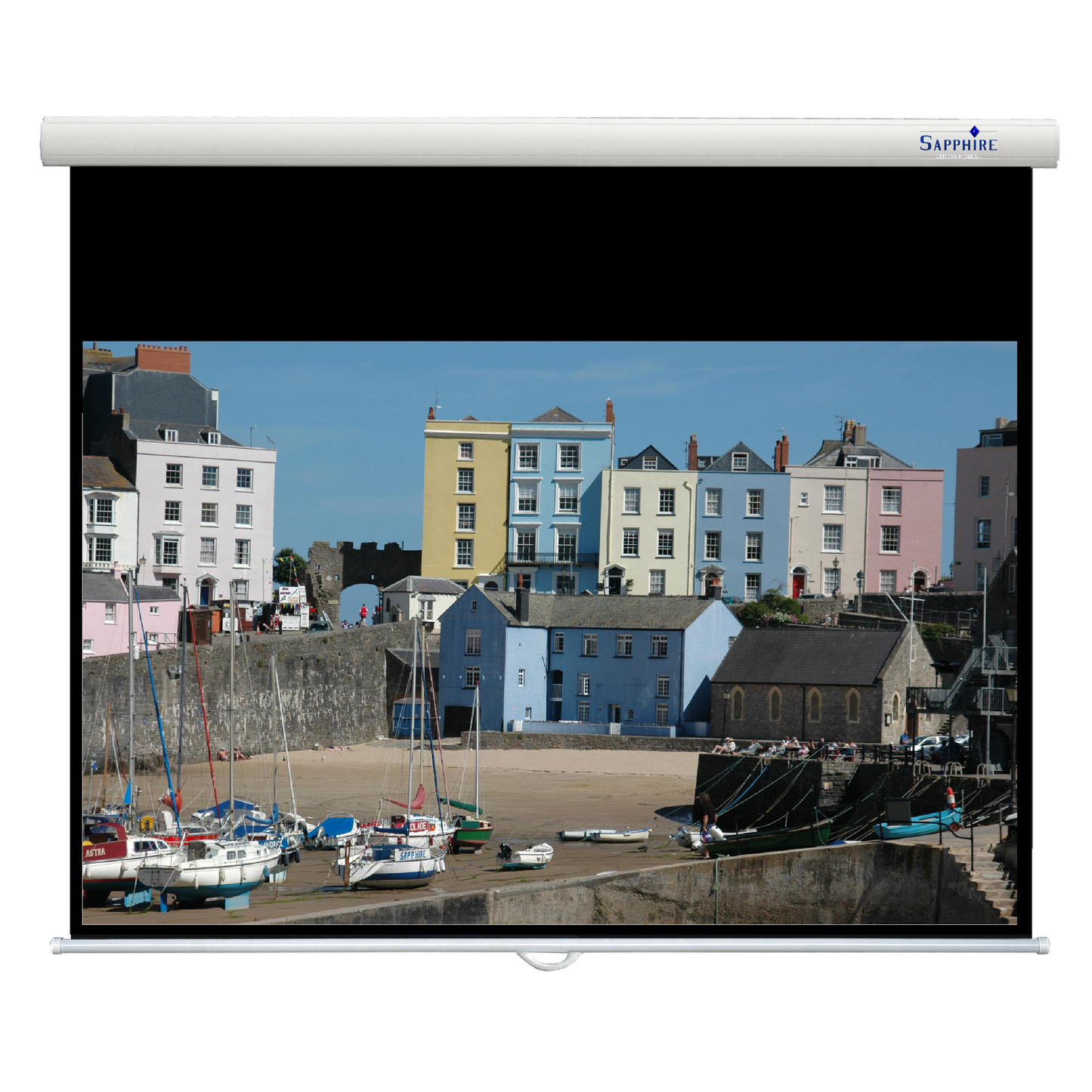 Sapphire 125" Aluminium Slow Retraction Manual Screen 16:10 Format Viewing Area  2700mm x 1688mm with channel fix brackets Approx Case Dimensions L 2878mm x H 96mm x D 91mm