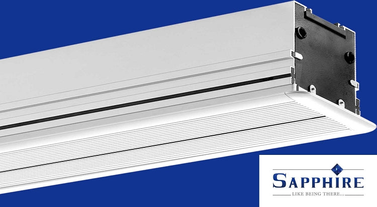 Sapphire 106" In Ceiling Tab Tension Woven Acoustic Screen 16:9 Format Viewing Area 2340mm x 1320mm Approx Case Dimensions Not Including Surround L 2935mm x H 210mm x D 155mm